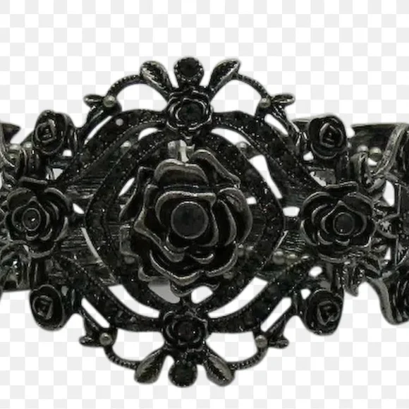 Gunmetal Gray Rose Filigree Stretch Cuff Vintage 80's Bracelet - Picture 2 of 6